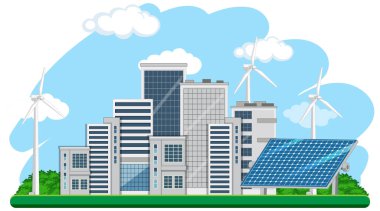 Rüzgar türbini ve güneş paneli illüstrasyonundan üretilen yeşil enerji