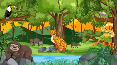 Gündüz vakti vahşi hayvanlar orman sahnesinde.