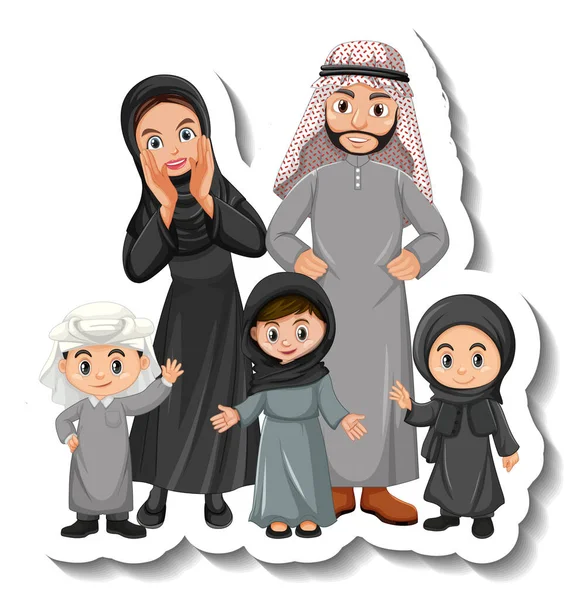 Glückliche Arabische Familie Cartoon Charakter Aufkleber Auf Weißem Hintergrund Illustration — Stockvektor