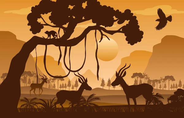 Silhouette Waldlandschaft Bei Sonnenuntergang Illustration — Stockvektor