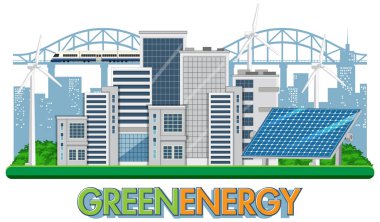 Rüzgar türbini ve güneş paneli illüstrasyonundan üretilen yeşil enerji