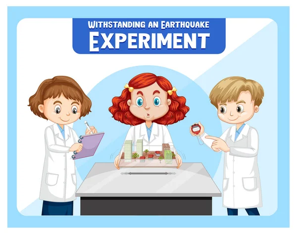 Tål Jordbävning Experiment Med Forskare Barn Tecknad Karaktär Illustration — Stock vektor
