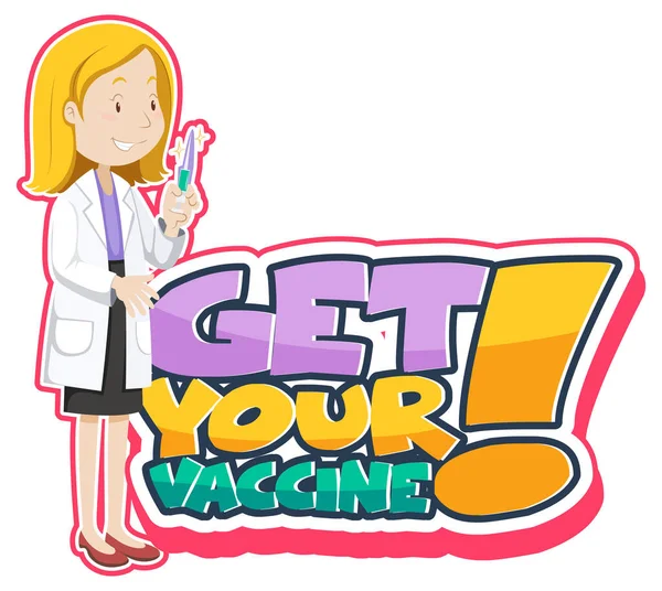 女性医師の漫画のキャラクターイラストとあなたのワクチンフォントバナーを取得 — ストックベクタ