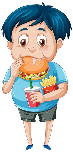 Ein Junge Isst Fastfood Auf Weißem Hintergrund — Stockvektor