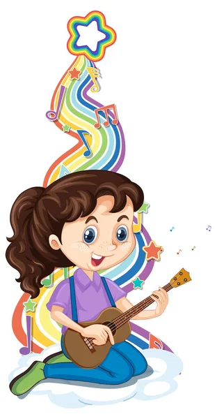 女の子は虹の波のイラストにメロディー記号でギターを演奏 — ストックベクタ