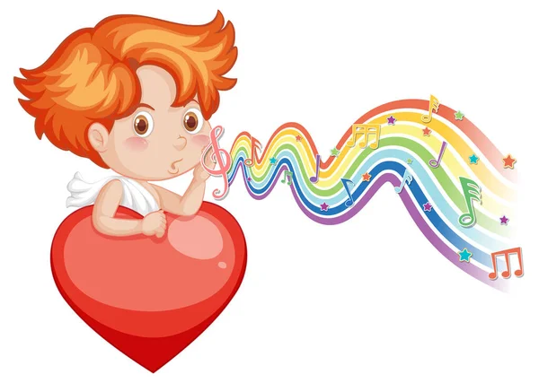 Cupidon Garçon Tenant Coeur Avec Des Symboles Mélodie Sur Illustration — Image vectorielle