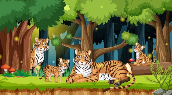 Familia Tigres Paisaje Forestal Fondo Ilustración — Archivo Imágenes Vectoriales