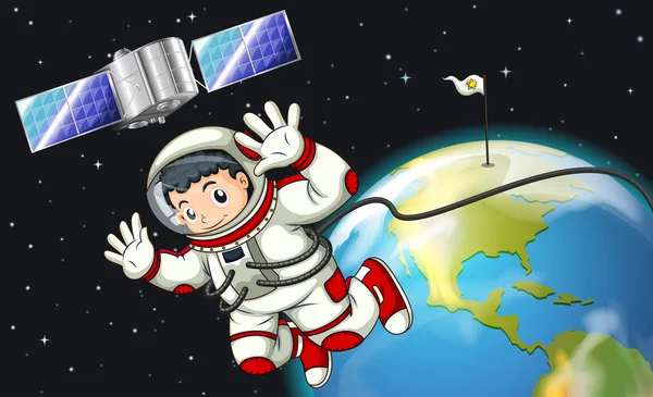 Een astronaut in de outerspace in de buurt van de satelliet — Stockvector