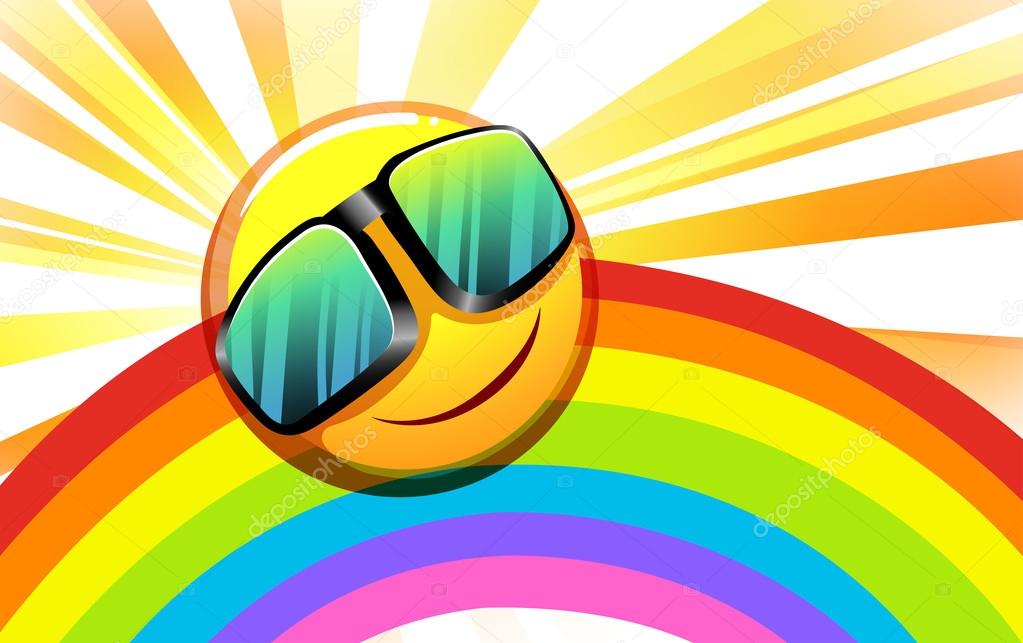A rainbow with a smiling sun