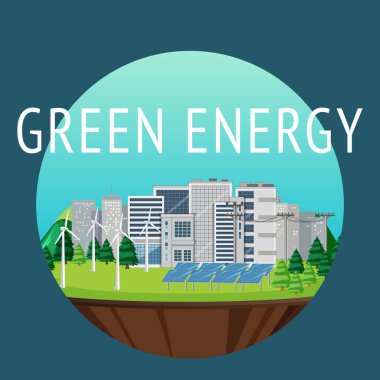 Rüzgar türbini ve güneş paneli illüstrasyonundan üretilen yeşil enerji