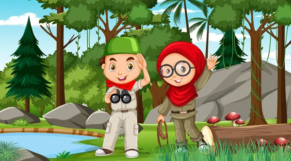 Naturscen Med Muslimska Barn Utforskar Skogen Illustration — Stock vektor