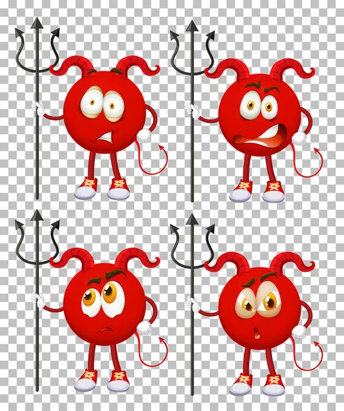 透明な背景イラストに顔の表情を持つ赤い悪魔の漫画のキャラクターのセット — ストックベクタ