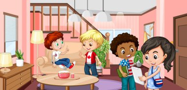 Çocuk resimleriyle dolu oturma odasının içi.