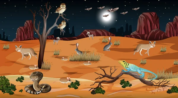 Wüste Waldlandschaft Der Nacht Szene Mit Wilden Tieren Illustration — Stockvektor