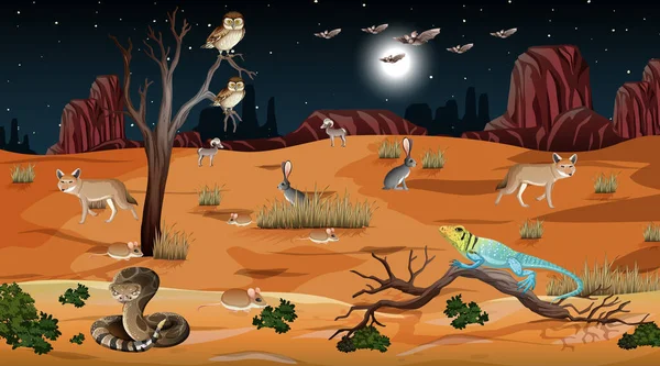 Paisaje Del Bosque Del Desierto Escena Nocturna Con Animales Salvajes — Archivo Imágenes Vectoriales