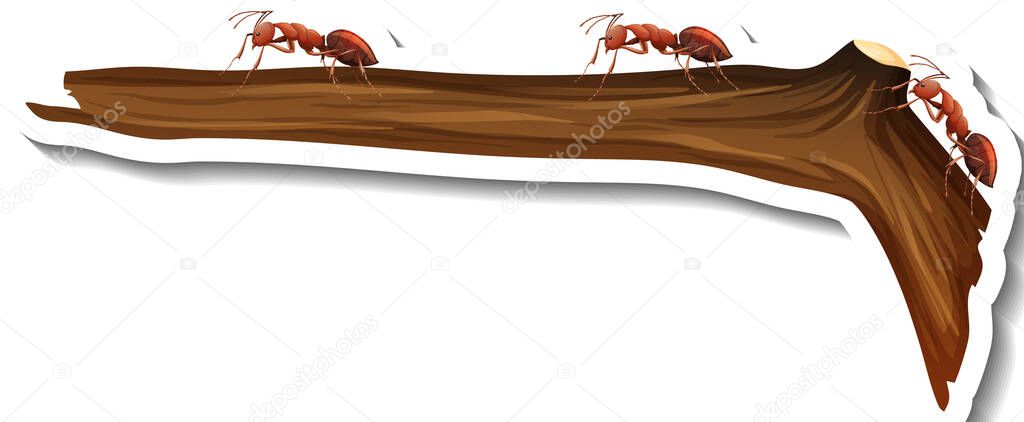 A sticker template with many ants walking on branch isolated illustration