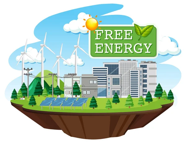 Rüzgar Türbini Güneş Paneli Illüstrasyonundan Üretilen Yeşil Enerji — Stok Vektör