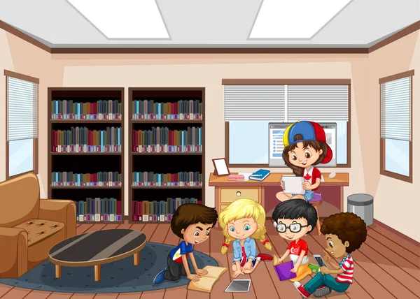 Niños Leyendo Libros Biblioteca Ilustración — Vector de stock