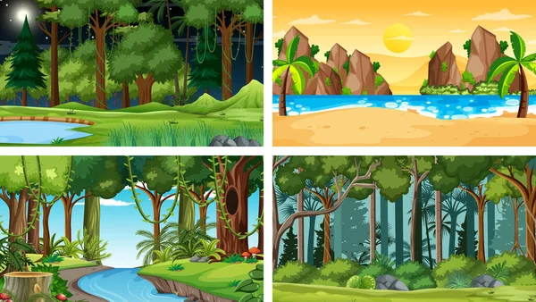 四つの異なる自然水平のシーンイラスト — ストックベクタ