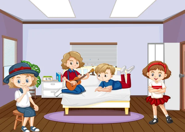 Interior Del Dormitorio Con Ilustración Personajes Dibujos Animados Para Niños — Vector de stock