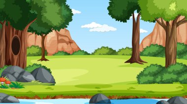 Çeşitli orman ağaçları ve akarsu resimleriyle dolu bir orman sahnesi.