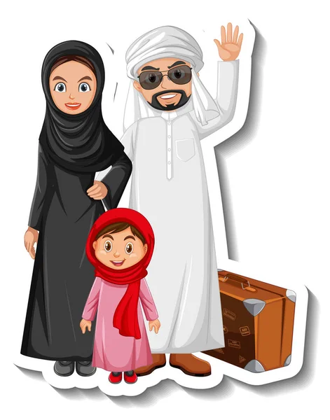 Happy Arab Family Cartoon Character Sticker White Background Illustration — Stock Vector