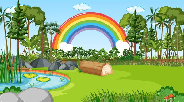 Fondo Escena Naturaleza Con Arco Iris Cielo Ilustración — Archivo Imágenes Vectoriales