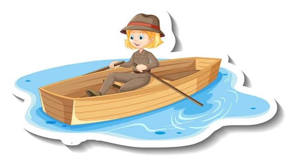Safari Mädchen Rudern Das Boot Cartoon Charakter Aufkleber Illustration — Stockvektor