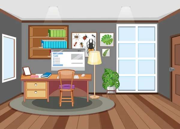 Escena Sala Trabajo Con Computadora Ilustración Mesa — Vector de stock