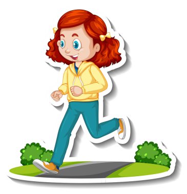 Beyaz arkaplan resimlerinde koşan bir kızın olduğu çizgi film karakteri etiketi