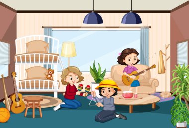 Çocuk çizgi film karakteri çizimleriyle dolu yatak odasının içi