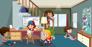 Çocuk resimleriyle dolu oturma odasının içi.