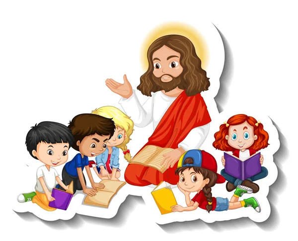 Gesù Cristo Con Bambini Gruppo Adesivo Sfondo Bianco Illustrazione — Vettoriale Stock