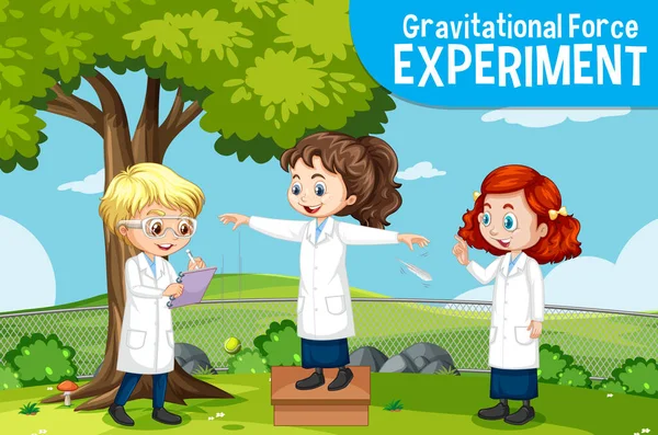 Experimento Fuerza Gravitacional Con Niños Científicos Ilustración Personajes Dibujos Animados — Vector de stock