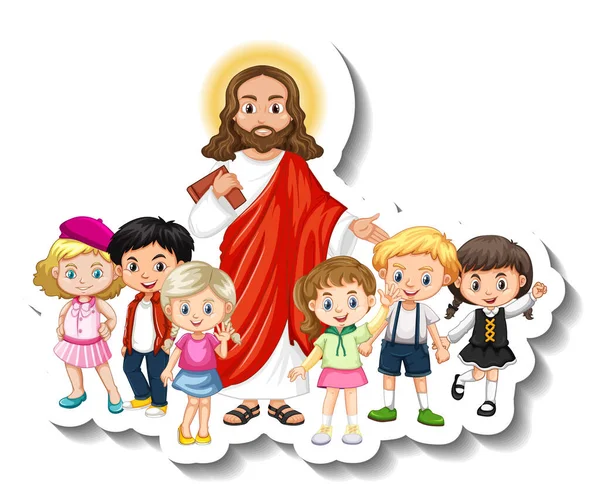 Jesús Cristo Con Niños Grupo Pegatina Sobre Fondo Blanco Ilustración — Vector de stock