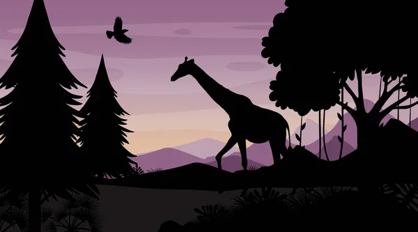 Silhouette Dämmerung Wald Landschaft Hintergrund Illustration — Stockvektor