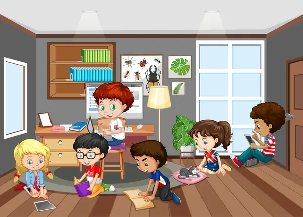 Innenraum Des Wohnzimmers Mit Kindern Illustration — Stockvektor