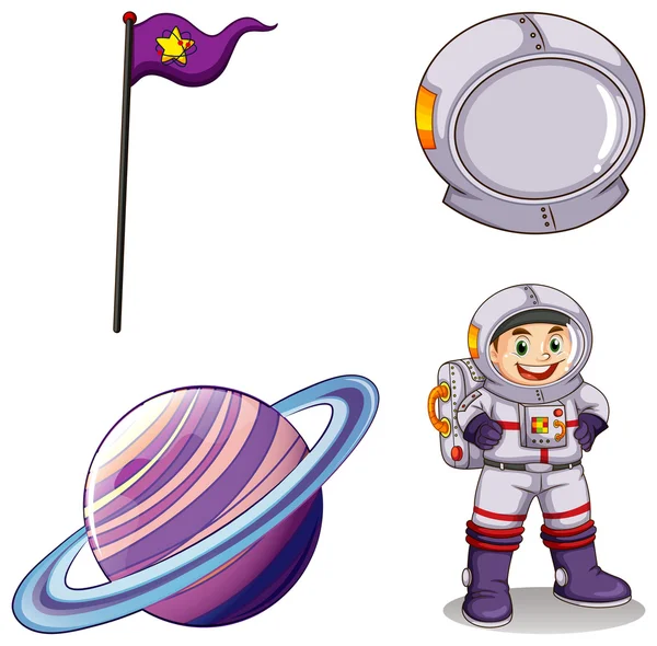 Um astronauta, um planeta, uma bandeira e um capacete — Vetor de Stock