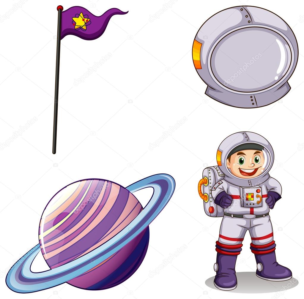 An astronaut, a planet, a banner and a helmet