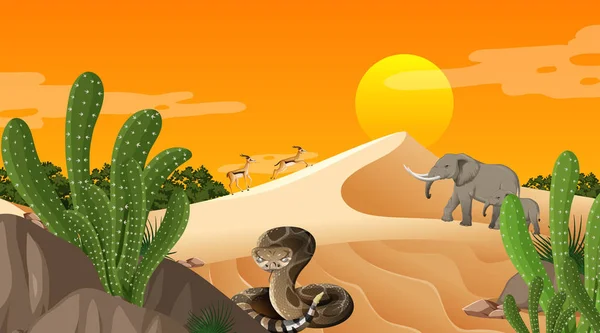 Paisaje Del Bosque Del Desierto Atardecer Escena Con Animales Salvajes — Vector de stock