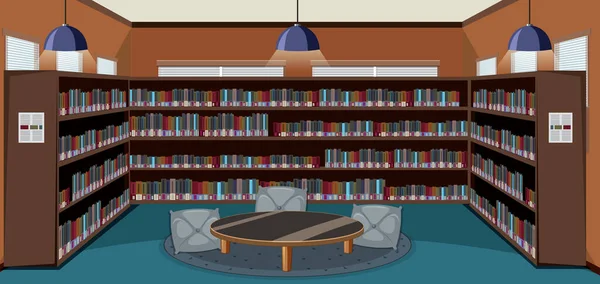 本棚イラスト付きの空の図書館インテリアデザイン — ストックベクタ
