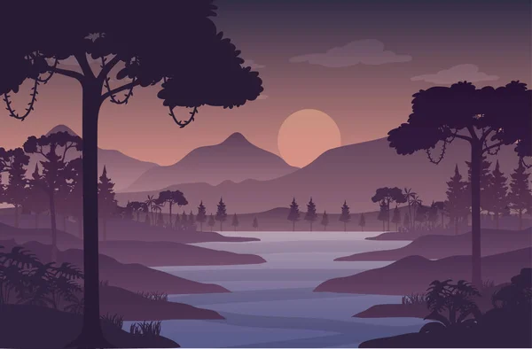 Silhouette Dämmerung Wald Landschaft Hintergrund Illustration — Stockvektor