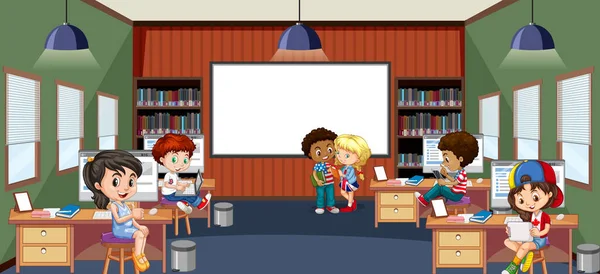 School Library Interior Children Group Illustration — стоковый вектор