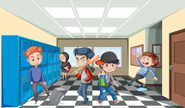 Escena Escolar Con Ilustración Personajes Dibujos Animados Estudiantes — Vector de stock