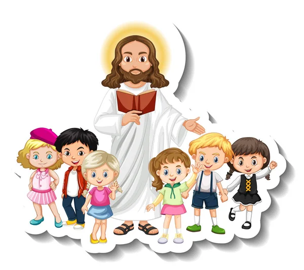 Jesus Christus Mit Kindergruppenaufkleber Auf Weißem Hintergrund — Stockvektor