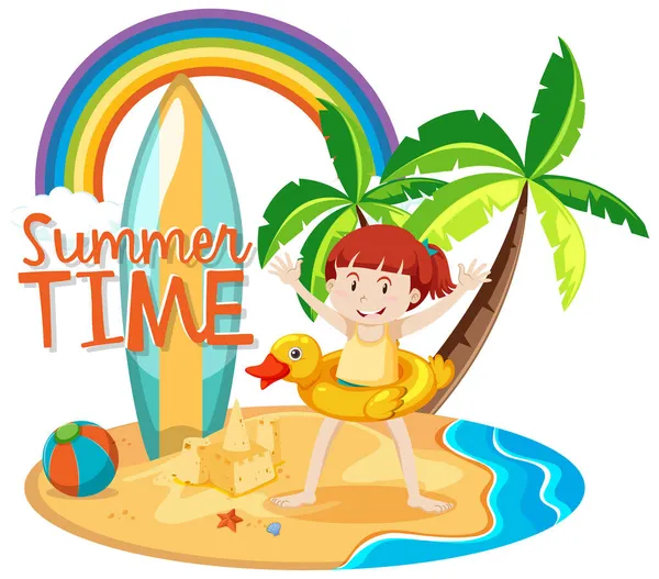 Summer Time Πανό Ένα Κορίτσι Στην Παραλία Εικονογράφηση — Διανυσματικό Αρχείο