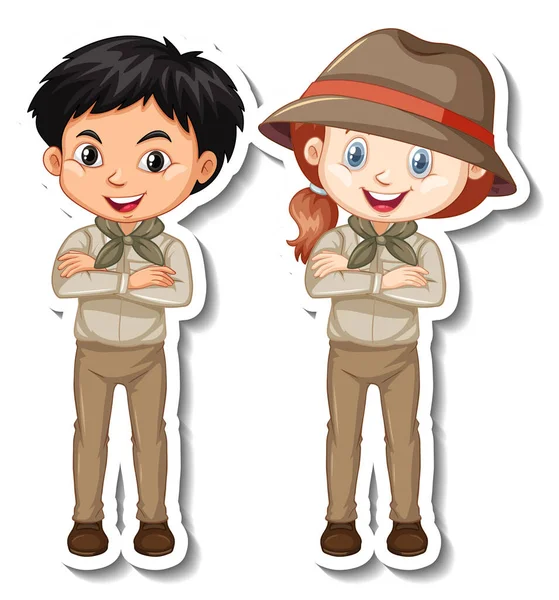 Couple Enfants Safari Tenue Personnage Dessin Animé Autocollant Illustration — Image vectorielle