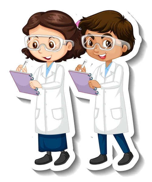 Cartoon Charakter Aufkleber Mit Paar Wissenschaftlern Wissenschaftlichen Kleid Illustration — Stockvektor