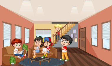 Çocuk resimleriyle dolu oturma odasının içi.