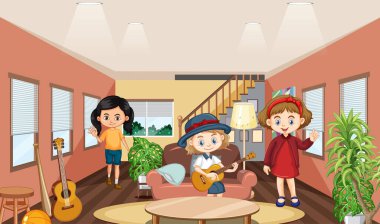 Çocuk resimleriyle dolu oturma odasının içi.